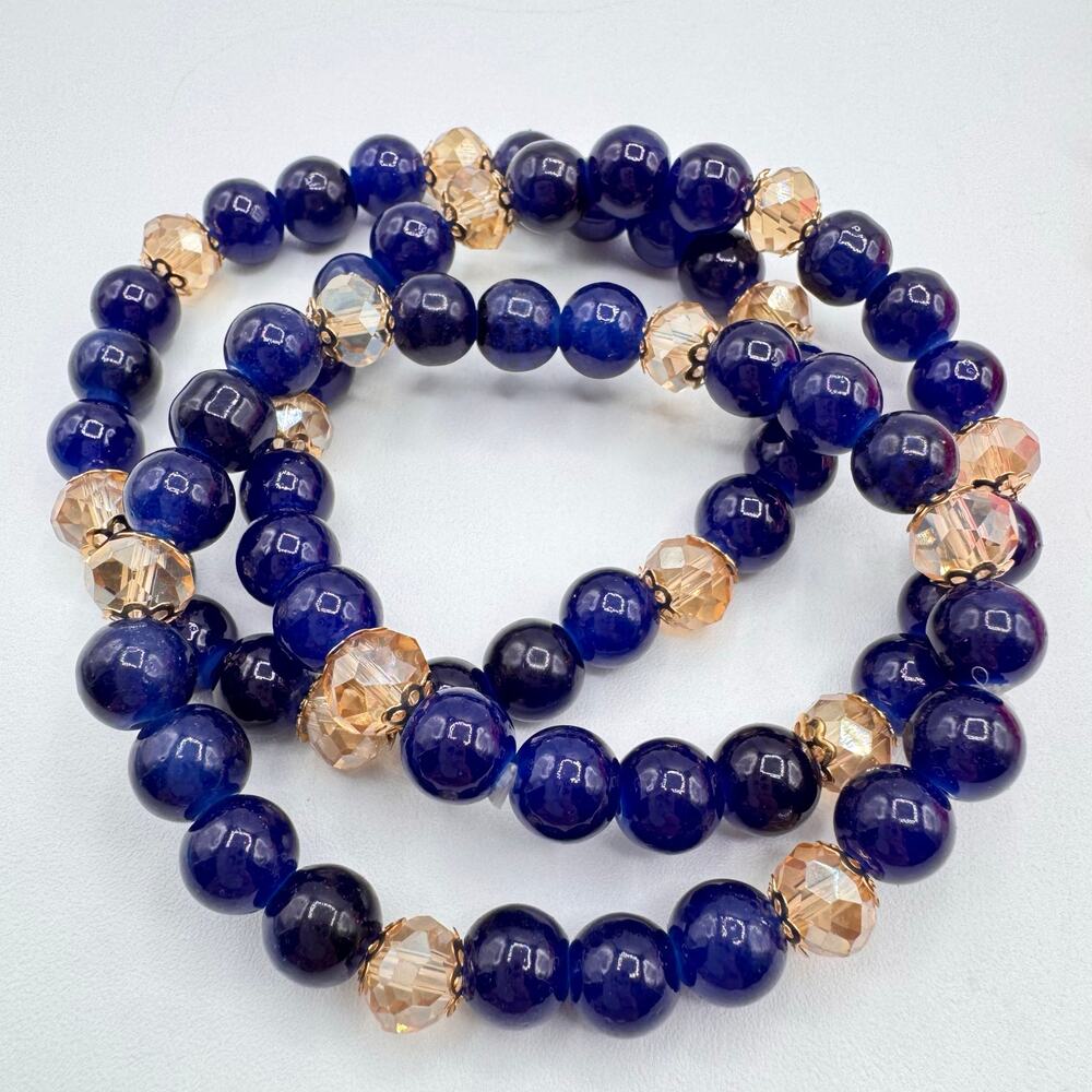 Blue Glass Bead Stretch Bracelet Stack Of 3 Champagne Crystals One Size Fits All